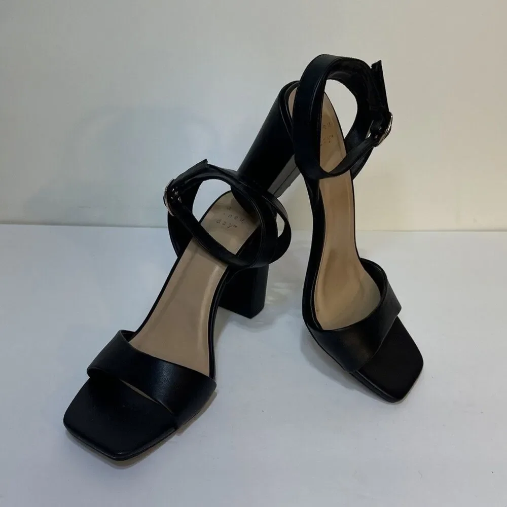 A New Day Women's Black Block 4” Heel Ankle Strap Sandals Size 9 M